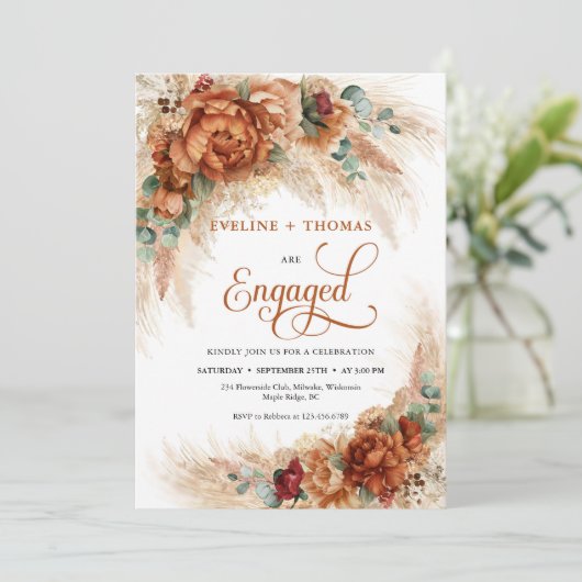 Boho verbrannte orangefarbene Blume Pampas eucalyp Einladung (Stehend Vorderseite)