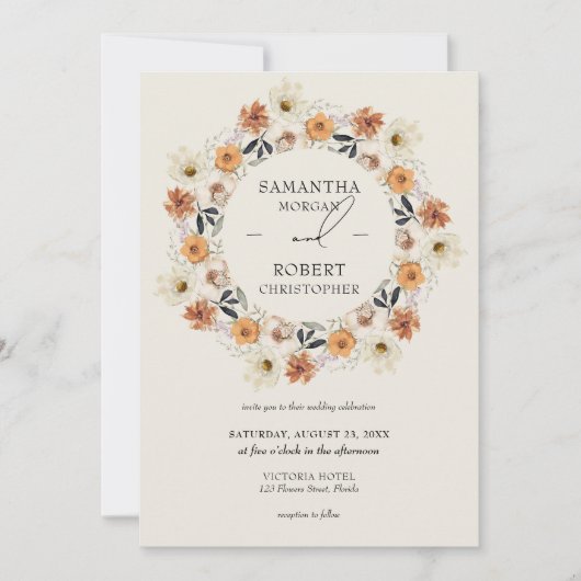 Boho verbrannte orangefarbene Wildblumen Einladung (Vorderseite)