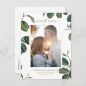 Boho Verlasse Botanisches Weißes Foto Save the Dat Ankündigungspostkarte (Vorne/Hinten)