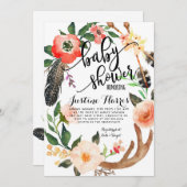 Boho versieht Babyparty-Einladung mit Federn Einladung (Vorne/Hinten)