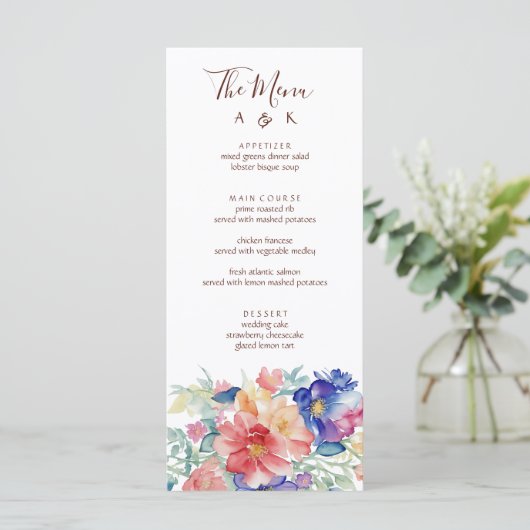 Boho Vibrant Blume Wedding Menu Flat Card (Stehend Vorderseite)