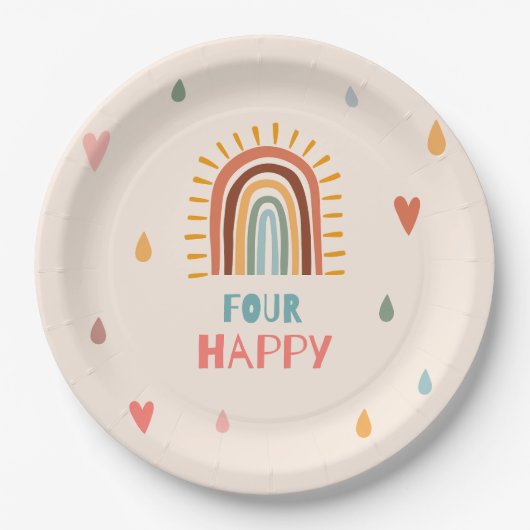 Boho vier vierter Geburtstag Rainbow Pappteller (Vorderseite)