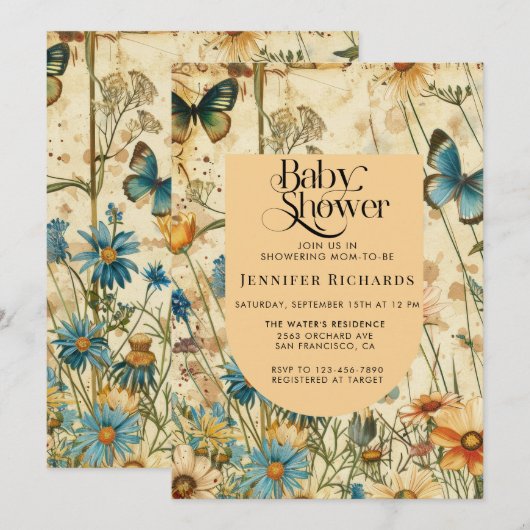 Boho Vintag Wildblume Baby Dusche Einladung (Vorne/Hinten)