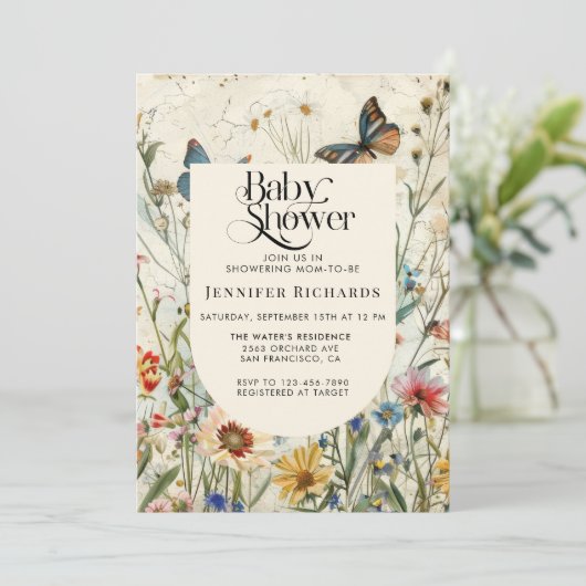 Boho Vintag Wildblume Baby Dusche Einladung (Stehend Vorderseite)