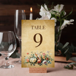 Boho-vintage-Blumenarrangement altes Papier  Tischnummer