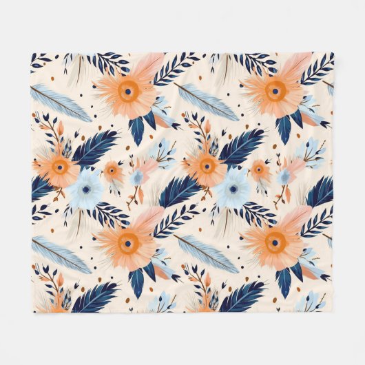 Boho Vintage Blumenfedermuster Fleecedecke (Vorderseite (Horizontal))