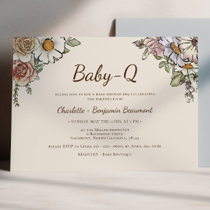 Boho Vintage Floral Beige Baby-Q BBQ Babyparty Einladung