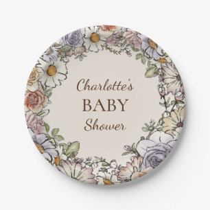 Boho Vintage Floral Beige Babyparty Pappteller