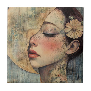 Boho Vintage Frau und Halbmond Fliese