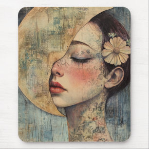 Boho Vintage Frau und Halbmond Mousepad