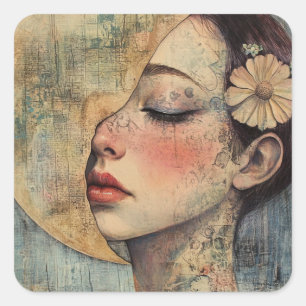Boho Vintage Frau und Halbmond Quadratischer Aufkleber