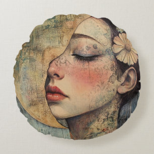 Boho Vintage Frau und Halbmond Rundes Kissen