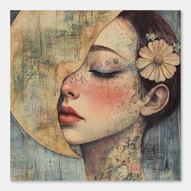 Boho Vintage Frau und Halbmond Tapete (Vorderseite)