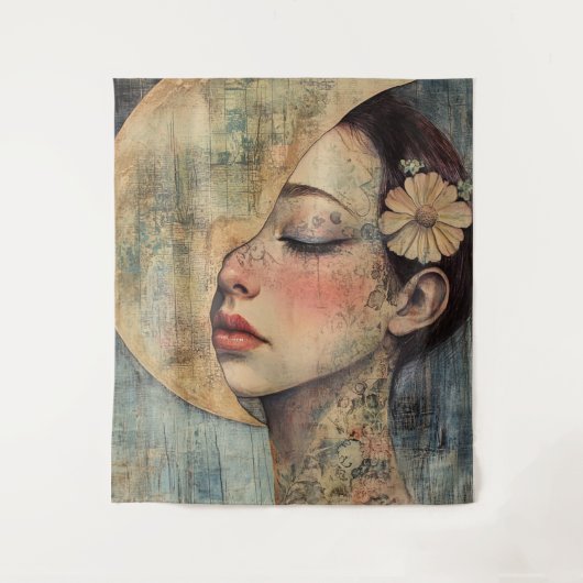 Boho Vintage Frau und Halbmond Wandteppich (Vorderseite)