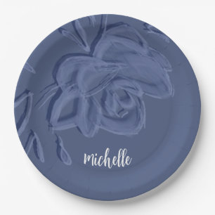 Boho Vintage künstlerische blaue Blumen Pappteller
