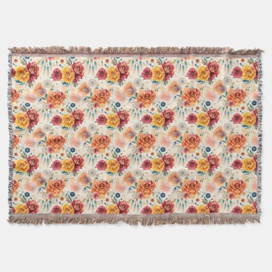 Boho Vintage Rose und Federn Blumenmuster Decke (Vorderseite)