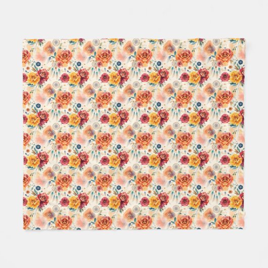 Boho Vintage Rose und Federn Blumenmuster Fleecedecke (Vorderseite (Horizontal))