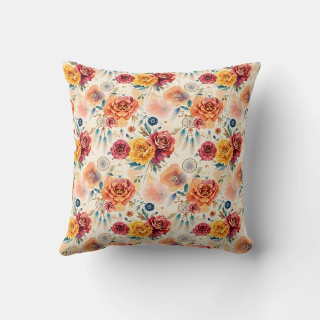 Boho Vintage Rose und Federn Blumenmuster Kissen (Rückseite)