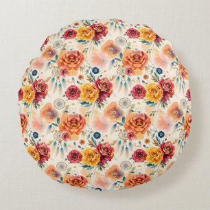 Boho Vintage Rose und Federn Blumenmuster Rundes Kissen