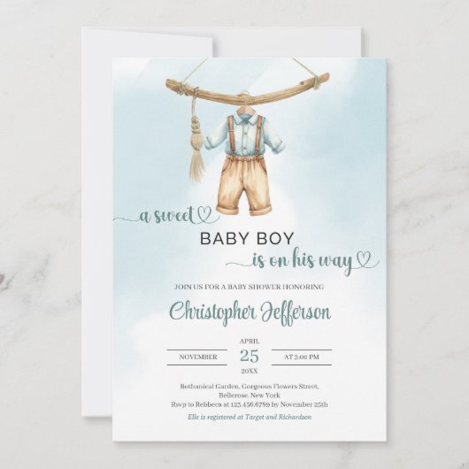 Boho Vintage Salbei-Babyoutfit Einladung (Vorderseite)