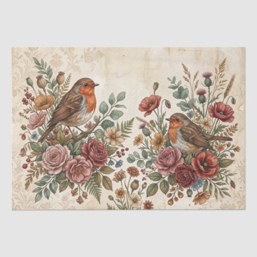Boho Vintage Vögel & Blumenmotive Seidenpapier (Vorderseite)