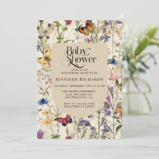 Boho Vintage Wildblume Kinderdusche Einladung (Stehend Vorderseite)