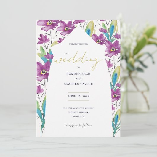 Boho Violet Türkis Wildblumen Einladung (Stehend Vorderseite)