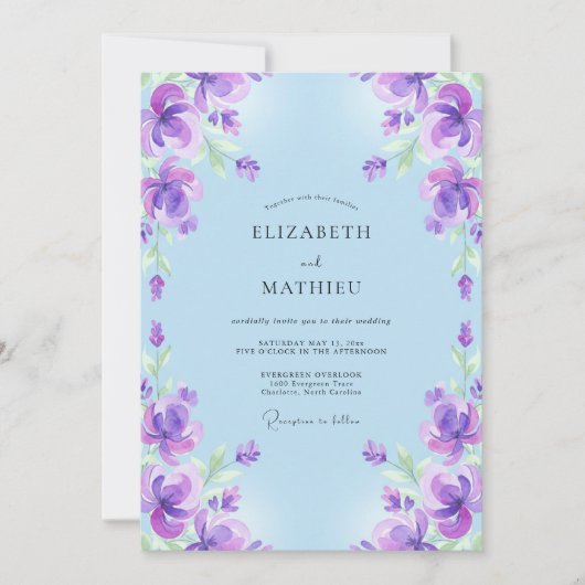 Boho-Violette Azurblaue Gemalte Hochzeit Einladung (Vorderseite)