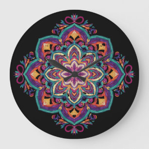 Boho-Volkskunst-Blume Große Wanduhr