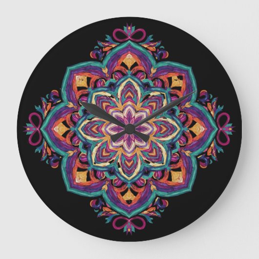 Boho-Volkskunst-Blume Große Wanduhr (Vorderseite)