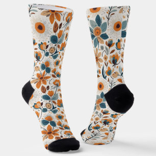 Boho-Volkskunst-Wildblumenwiese-Rost-Teal-Blumen Socken