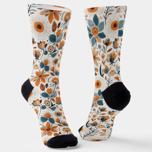 Boho-Volkskunst-Wildblumenwiese-Rost-Teal-Blumen Socken (Gewinkelt)