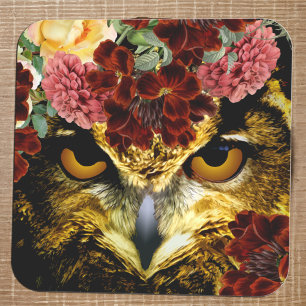 Boho-Wald-Eule künstlerisch vintage rote rosa Blum Quadratischer Aufkleber