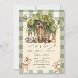 Boho-Wald-Wildtiere-Baby-Party Green Gingham Einladung