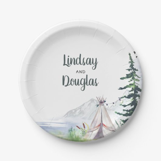 Boho-Waldberge-Abenteuer-Hochzeit Pappteller (Vorderseite)
