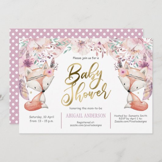 Boho, Waldfuchs, Flora, Mädchendusche Einladung (Vorne/Hinten)