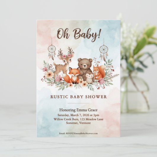Boho Waldtiere Baby Shower Einladung (Stehend Vorderseite)