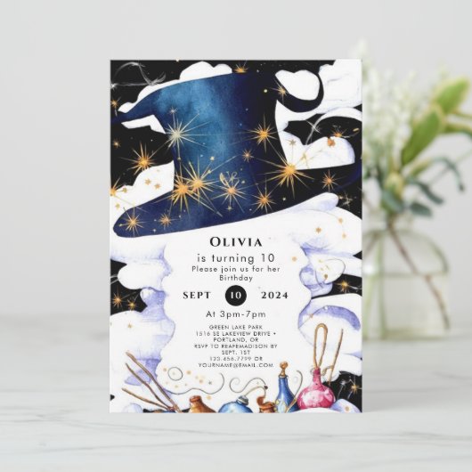 Boho Wand Magic Wizard Geburtstag Einladung (Stehend Vorderseite)