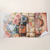Boho Wanderlust Vintage Gepäck Rosen Name Strandtuch (Vorderseite)