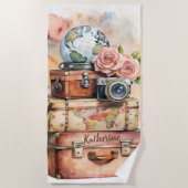 Boho Wanderlust Vintage Gepäck Rosen Name Strandtuch (Vorderseite)