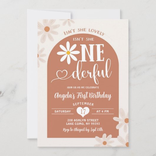 Boho Warm Tone Arch Daisy Onederful Erster Geburts Einladung (Vorderseite)