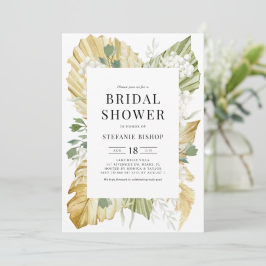 Boho Wassercolor Dried Palm Blätter Brautparty Einladung (Stehend Vorderseite)