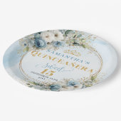 Boho-Wasserfarbe Blaue Blumen Gold Custom Quince Pappteller (Schrägansicht)