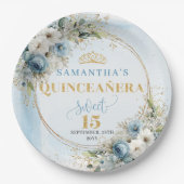 Boho-Wasserfarbe Blaue Blumen Gold Custom Quince Pappteller (Vorderseite)