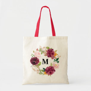 Boho-Wasserfarbe-Burgunder-Blumenkranz-Monogramm Tragetasche