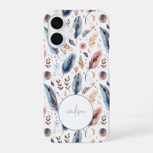 Boho-Wasserfarbe-Feder-Blumenmuster Personalized iPhone 16 Hülle (Rückseite)