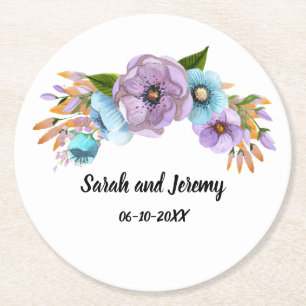 Boho-Wasserfarbe Floral Lila & Türkis Personalisie Runder Pappuntersetzer