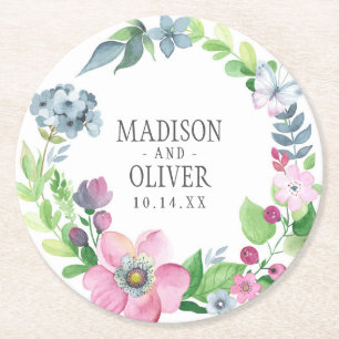 Boho-Wasserfarbe-Floral & Schmetterling Hochzeit Runder Pappuntersetzer