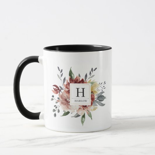 Boho Wasserfarbe Herbstblütenmonogramm Tasse (Links)