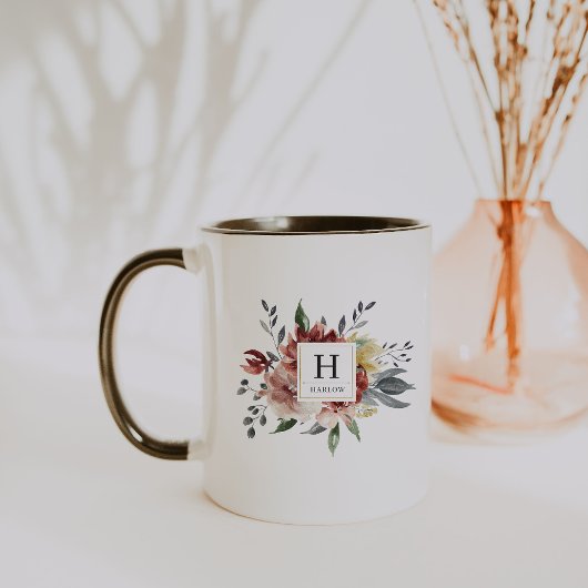 Boho Wasserfarbe Herbstblütenmonogramm Tasse